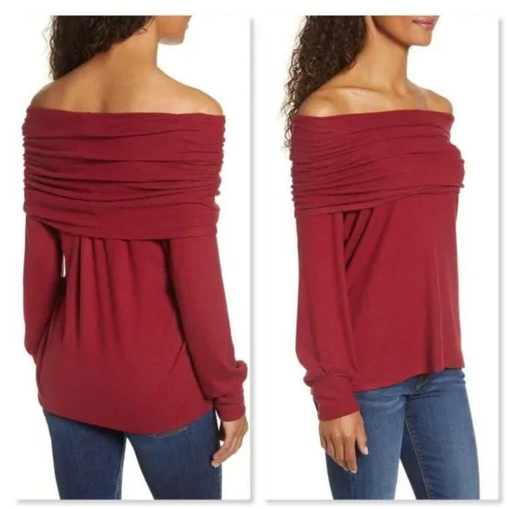 Gibson Cozy Convertible Neckline Tunic in Burgundy, Size XS